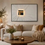 Modern living room with illuminated Kaaba wall art and luxury decor.