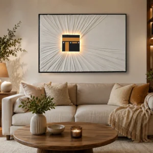 Modern living room with illuminated Kaaba wall art and luxury decor.