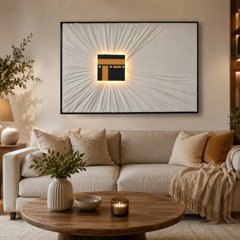 Modern living room with illuminated Kaaba wall art and luxury decor.