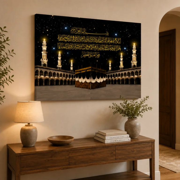 Luxury Islamic wall art featuring Kaaba with Arabic calligraphy, modern home decor.