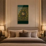 Luxury Islamic wall clock with Arabic calligraphy in a modern bedroom setting.
