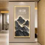 LED illuminated wall art with mountain design in modern home decor setting.