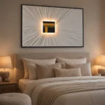 Modern luxury bedroom with illuminated Kaaba wall art and cozy decor.