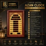 Large digital Azan clock with prayer times and Islamic decor.