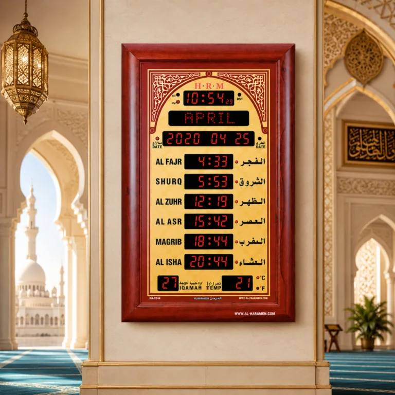 Luxury Islamic wall clock with prayer times and Arabic calligraphy.