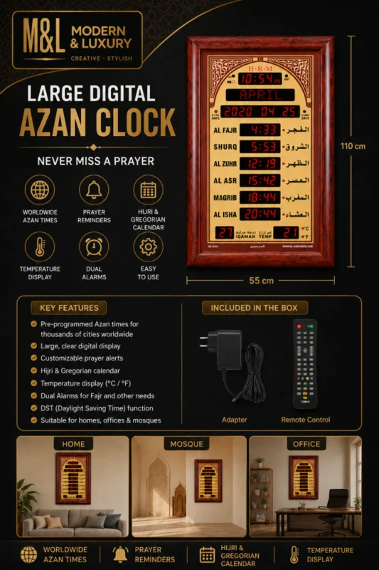 Large digital Azan clock with prayer reminders and temperature display.