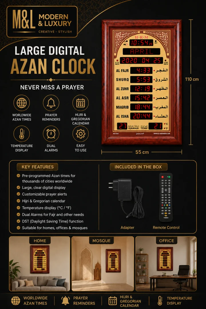 Large digital Azan clock with prayer reminders and temperature display.