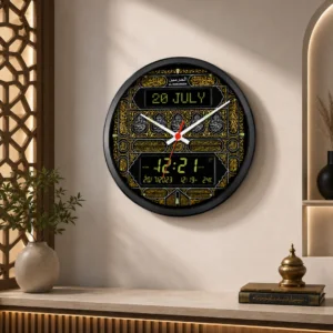 Luxury Islamic wall clock with Arabic calligraphy and digital display, ideal for modern home decor.