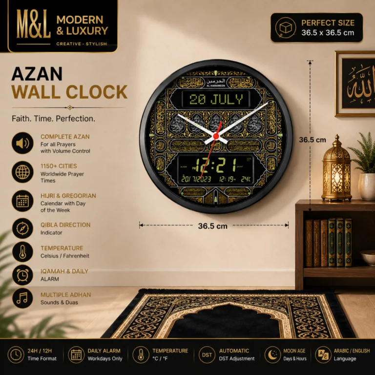 Azan wall clock with Islamic design, perfect for modern home decor.