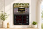 Modern Islamic wall clock with Kaaba image and digital prayer times, luxury home decor.