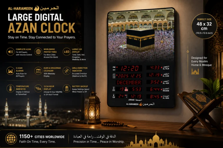 Large digital Azan clock with Kaaba image, modern Islamic wall decor.