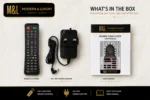 Islamic Azan wall clock set with remote, power adapter, and manual.