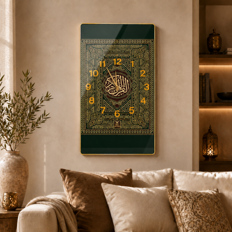 Luxury Islamic wall art with Arabic calligraphy and gold accents in a modern living room.