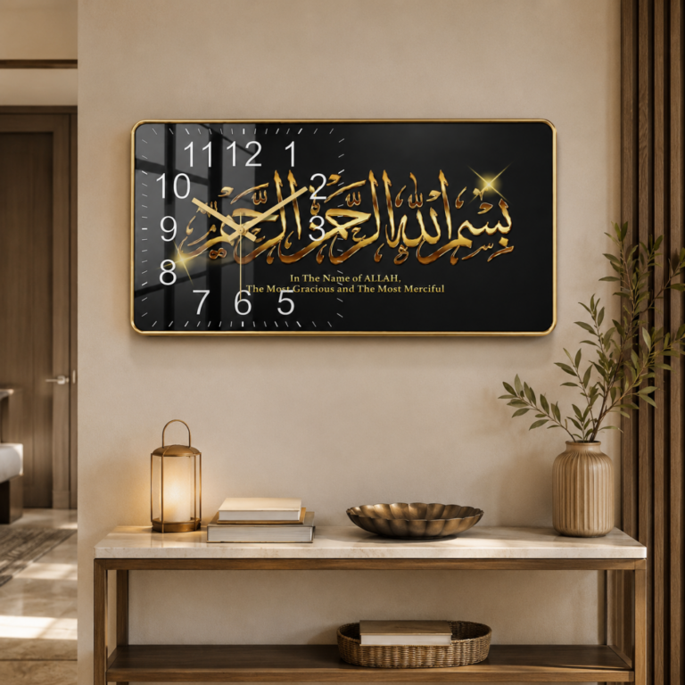 Modern Islamic wall clock with Arabic calligraphy and LED illumination.