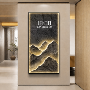Illuminated modern wall art with LED display in a luxury home setting.
