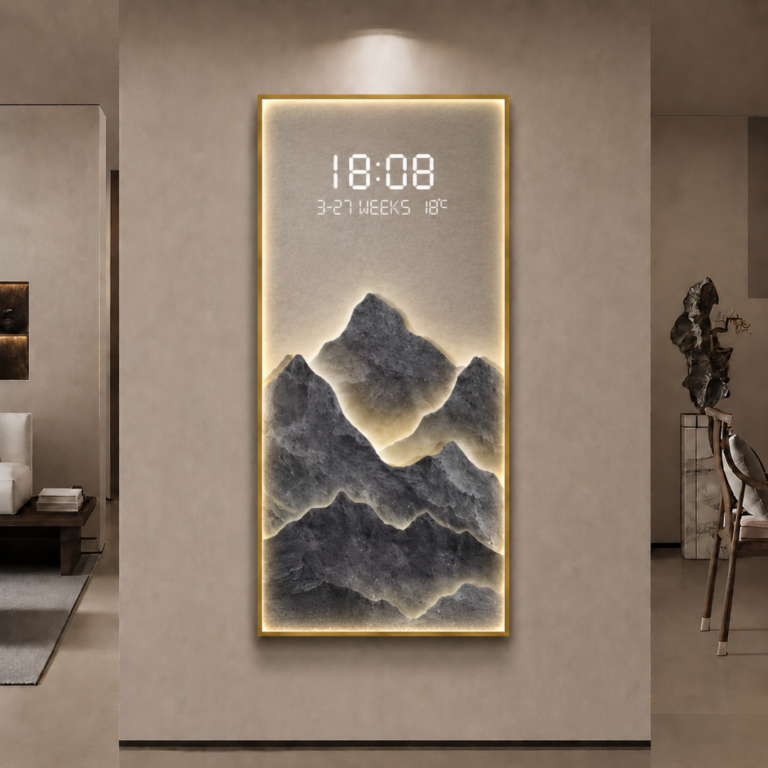 Luxury LED illuminated wall art with mountain design in modern home decor setting.