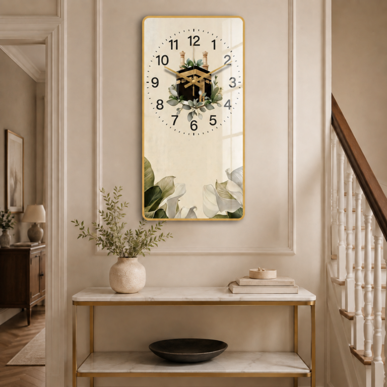 Luxury modern wall clock with floral design in elegant hallway.