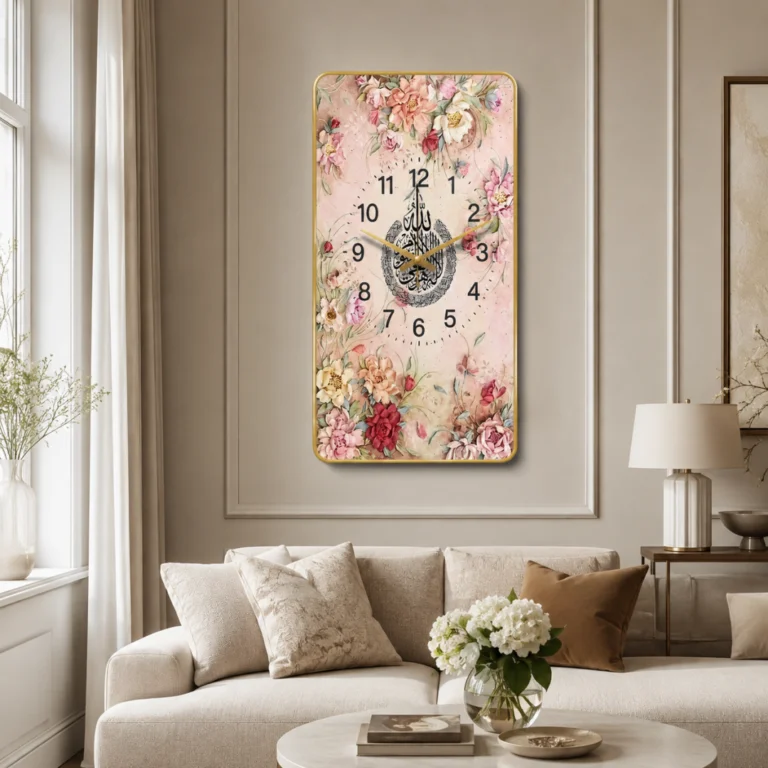 Luxury Islamic wall clock with floral design in modern living room.