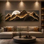 Modern luxury illuminated mountain wall art in living room decor.
