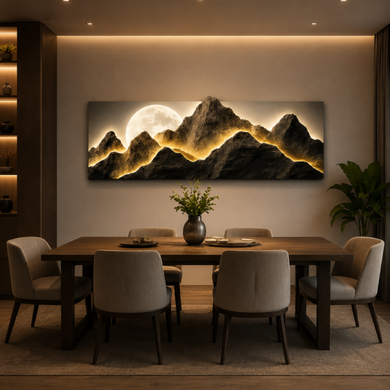 Modern luxury dining room with illuminated mountain wall art and elegant decor.