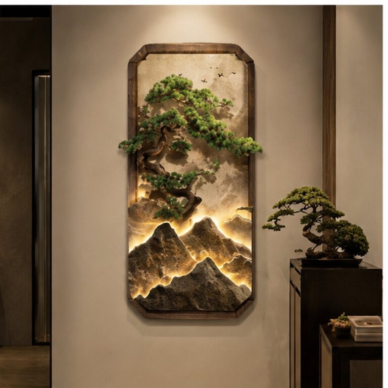 Modern illuminated wall art with nature scene in luxury home decor.