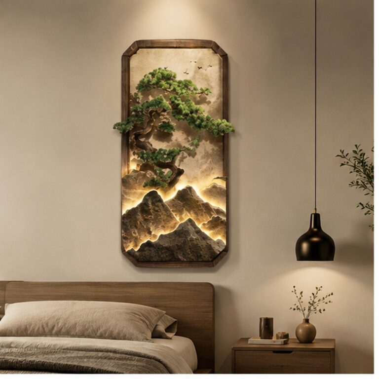 Modern bedroom with illuminated wall art and luxury decor.