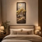 Modern luxury bedroom with illuminated wall art featuring a tree and mountains, framed in aluminium.
