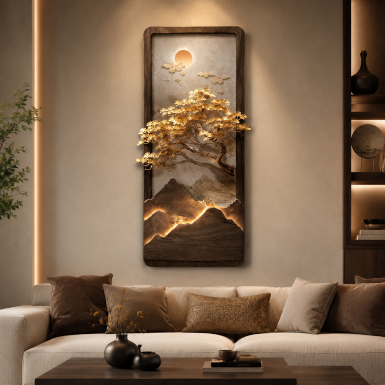 Modern luxury wall art with illuminated tree design, perfect for home decor.