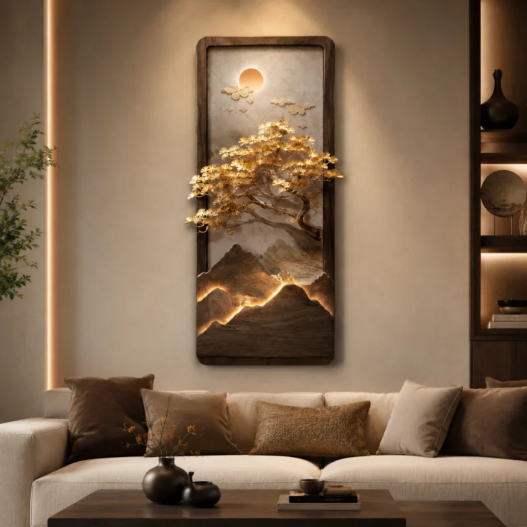 Modern luxury wall art with illuminated tree design, perfect for home decor.