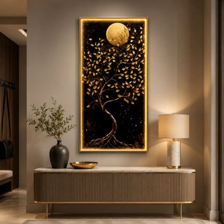 Luxury illuminated wall art with golden tree and moon, modern home decor.