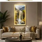 Modern luxury living room with illuminated waterfall wall art and elegant decor.