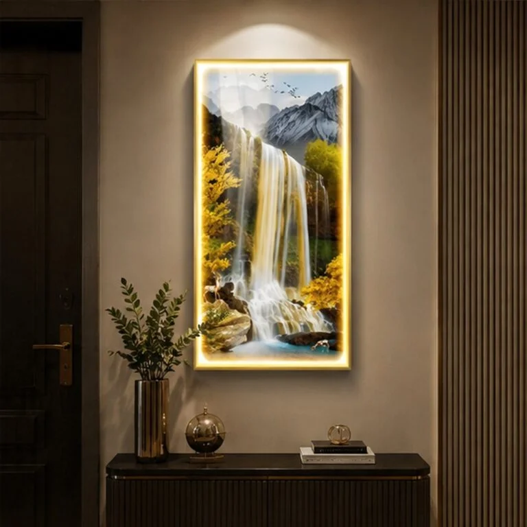 Modern illuminated wall art with waterfall scene, luxury home decor.