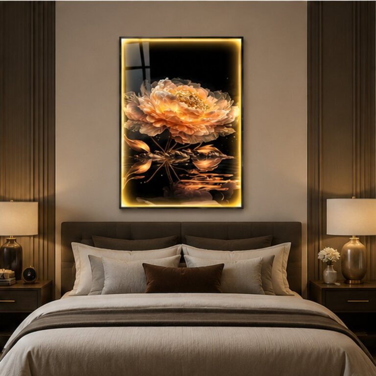 Luxury illuminated wall art with floral design in modern bedroom decor.