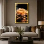 Illuminated floral wall art in a modern living room setting.
