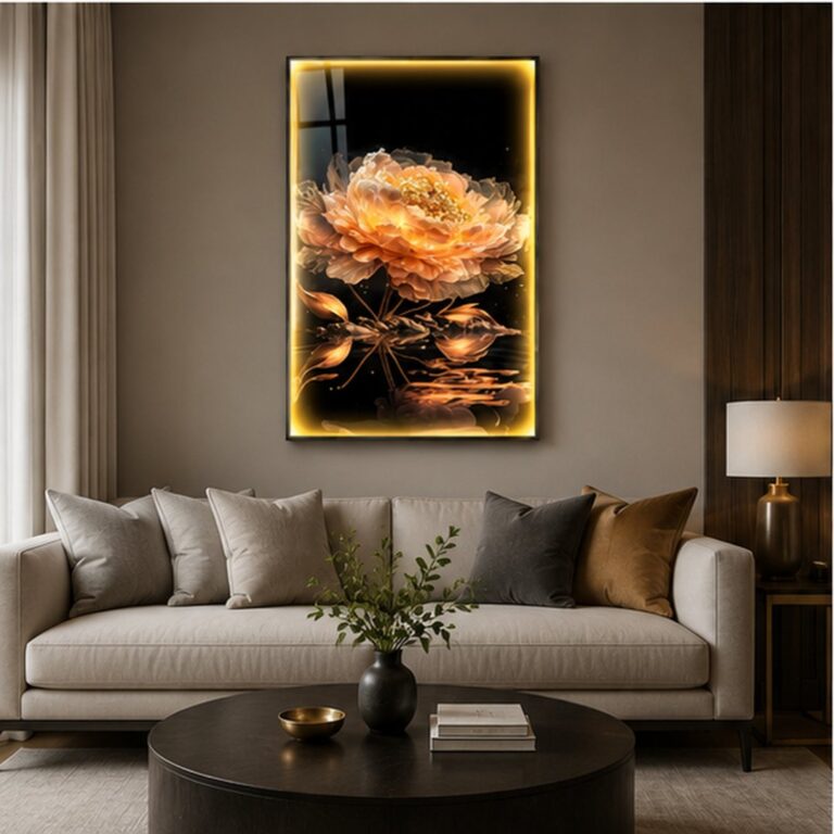 Illuminated floral wall art in a modern living room setting.