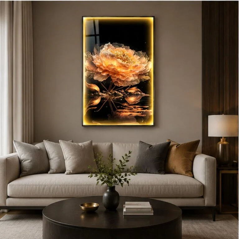 Illuminated floral wall art in a modern living room setting.
