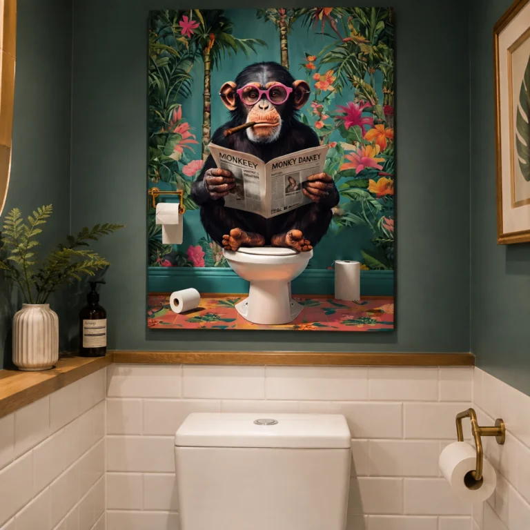 Modern wall art featuring a monkey with glasses reading in a vibrant bathroom setting.