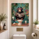 Modern wall art featuring a monkey reading on a toilet, surrounded by vibrant jungle decor.