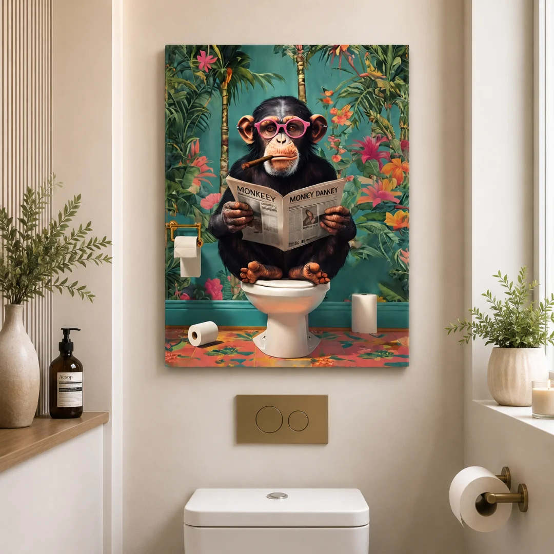 Monkey Reading Wall Art Modern wall art featuring a monkey reading on a toilet, surrounded by vibrant jungle decor.
