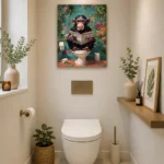 Modern bathroom with monkey wall art, plants, and decorative accessories.