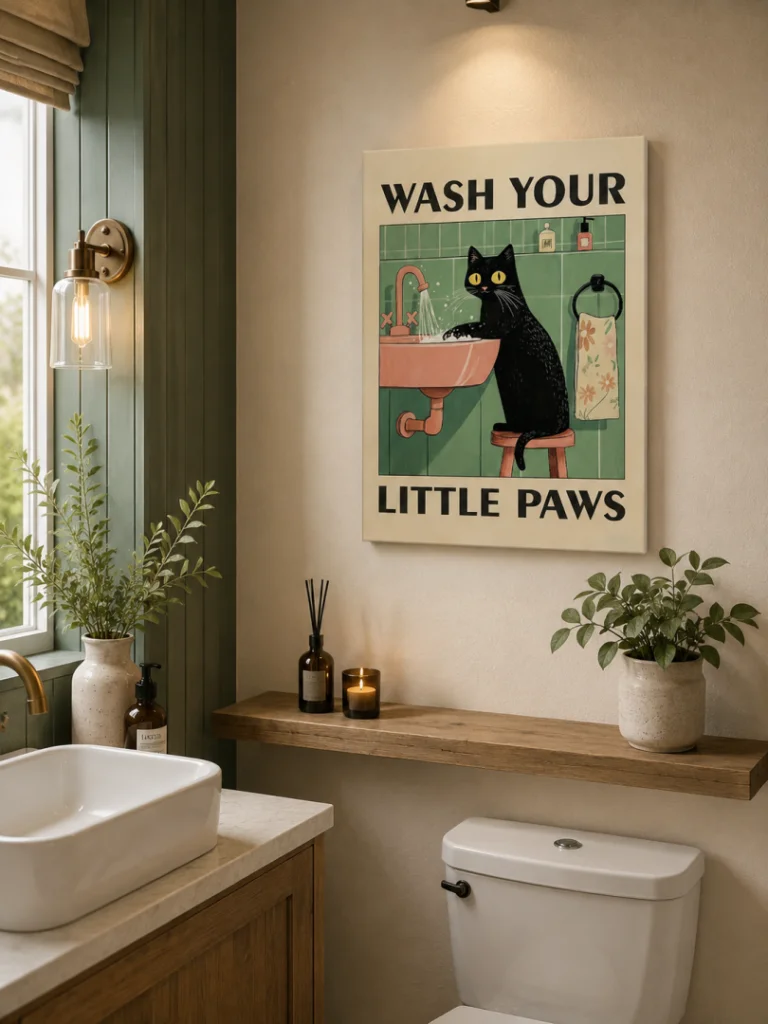 Modern bathroom with cat-themed wall art and decorative plants.