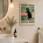 Modern bathroom with cat-themed wall art and elegant decor.