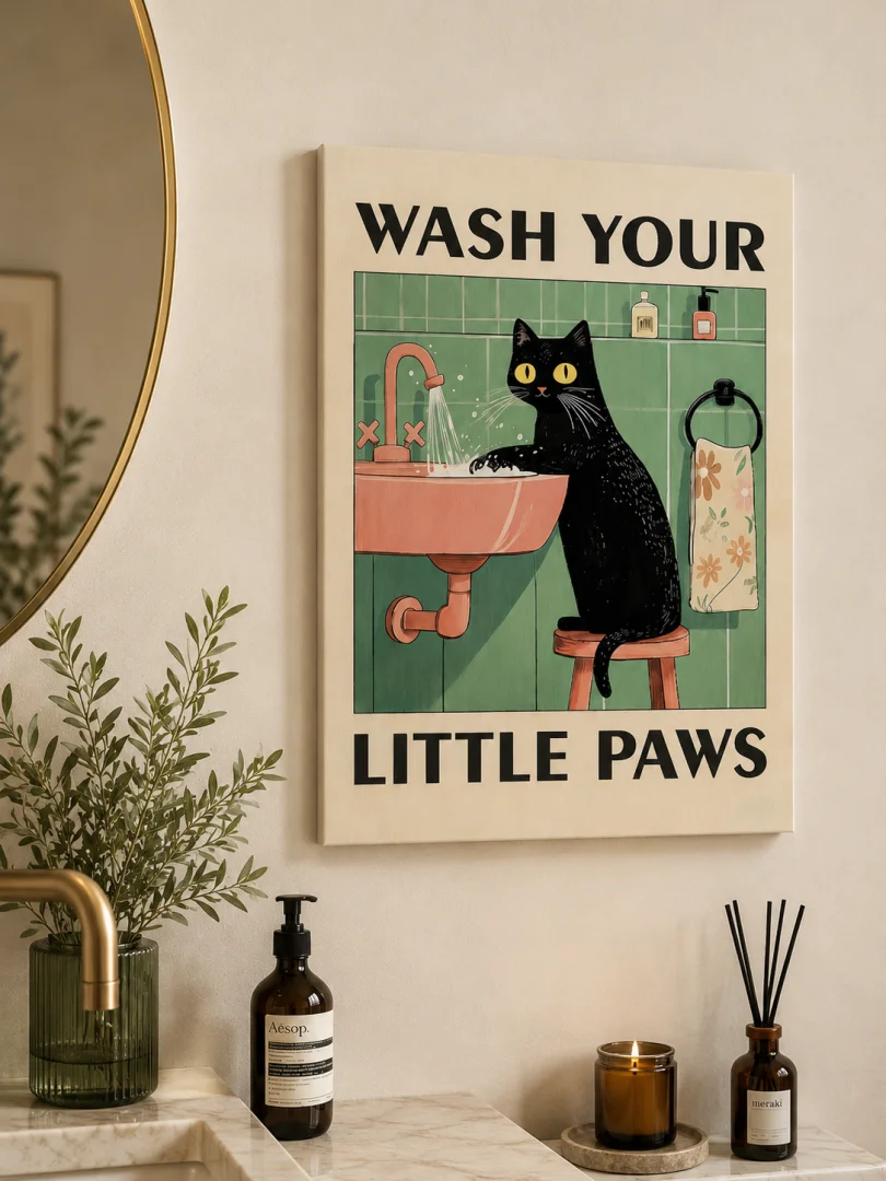 Wash Your Little Paws Wall Art Modern wall art with a black cat washing paws, perfect for bathroom decor.