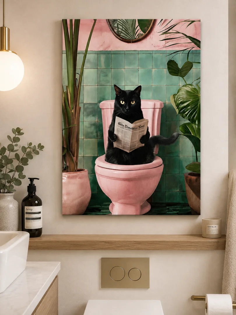 Black Cat Bathroom Wall Art Modern wall art of a black cat on a pink toilet, surrounded by plants, in a stylish bathroom.