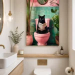 Modern bathroom with cat-themed wall art, luxury decor, and indoor plants.