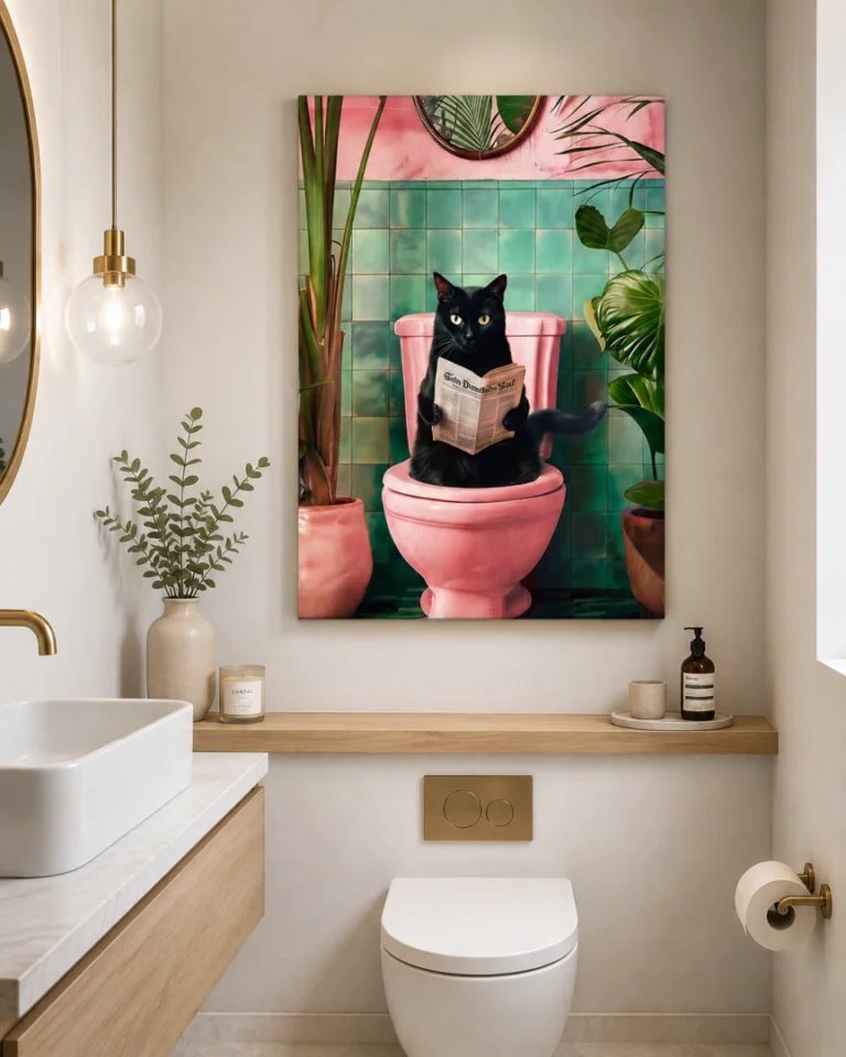 Modern bathroom with cat-themed wall art, luxury decor, and indoor plants.