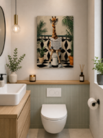 Modern bathroom with giraffe wall art and decorative accessories.