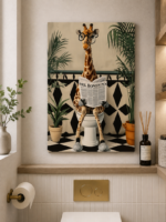 Modern bathroom decor with giraffe wall art, featuring a giraffe reading a newspaper.