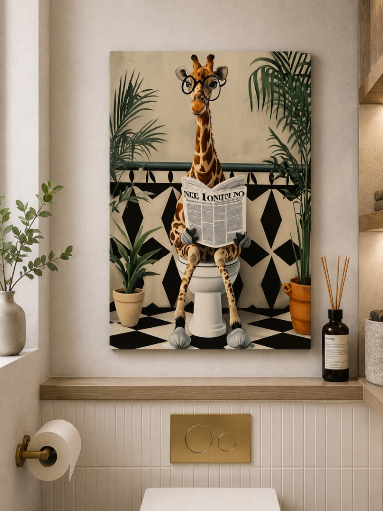 Modern bathroom decor with giraffe wall art, featuring a giraffe reading a newspaper.