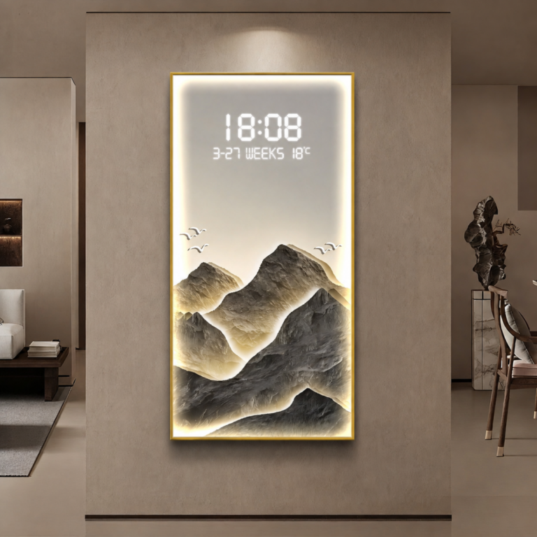 Modern illuminated wall art with mountain design and LED clock display.
